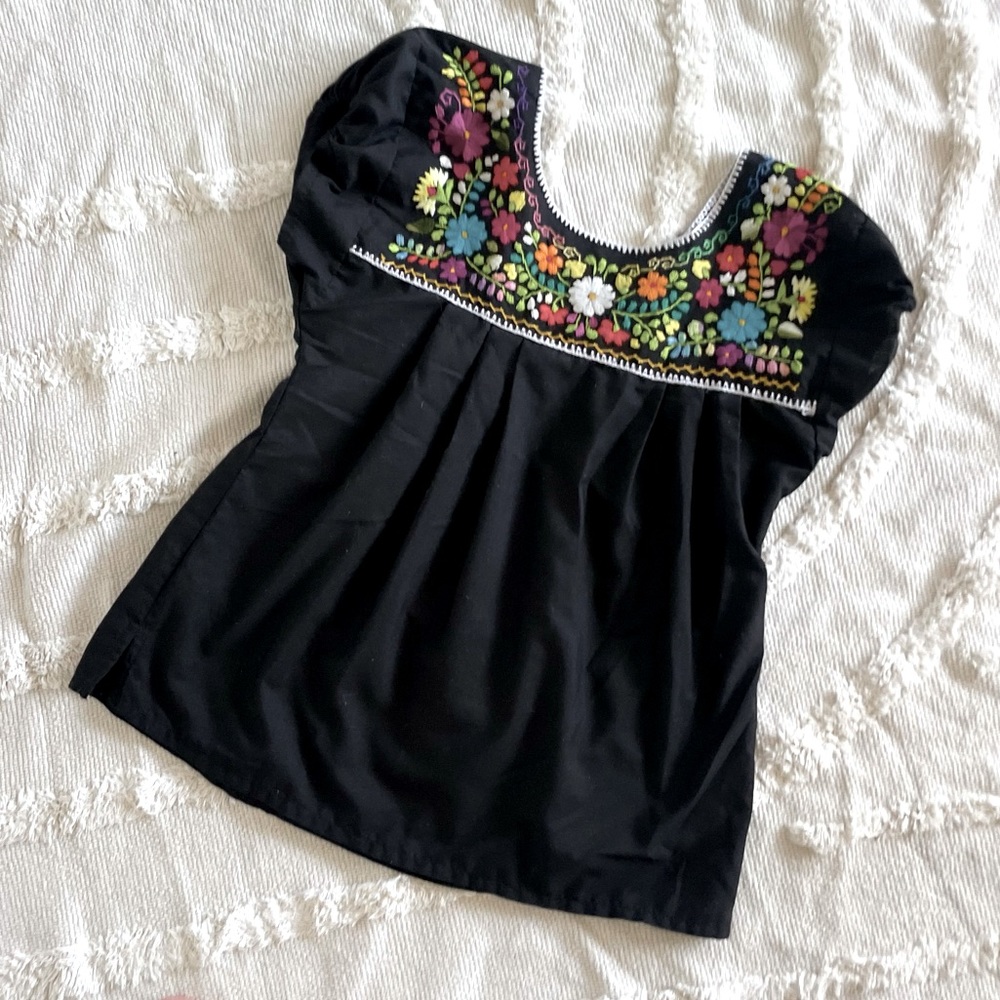 Mexican Festival Peasant Shirt with Colorful Embroidery, Size S